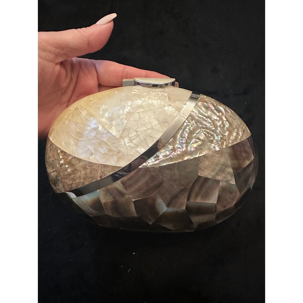 Rafe New York Mother of Pearl Abalone Shell Oval Minaudiere Clutch Evening Bag